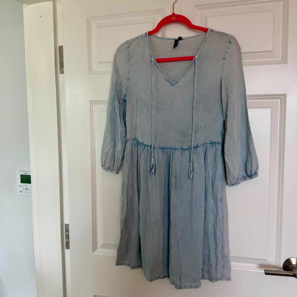 D&KADE Mini Dress Women S Blue Acid Wash Babydoll Tassel V-Neck Rayon Casual